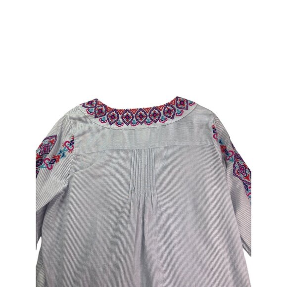 Chico's Womens Boho Embroidered Tassel Tunic Top Size M Petite Pinstripe Cotton - Picture 7 of 11